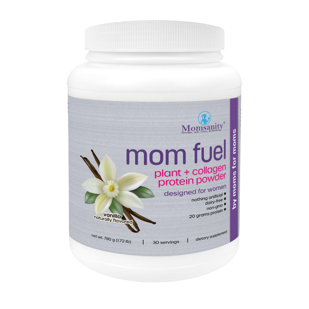 Momsanity dairy-free meal replacement canister vanilla shows protein-packed support for busy days.