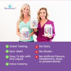 Momsanity dairy-free protein shake in glass illustrates easy post-workout recovery with collagen.