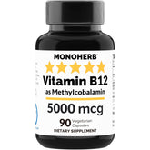 Bottle of MONOHERB Vitamin B12 Methylcobalamin 5000 mcg 90 vegetarian capsules