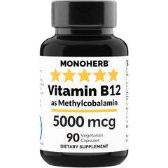 Bottle of MONOHERB Vitamin B12 Methylcobalamin 5000 mcg 90 vegetarian capsules