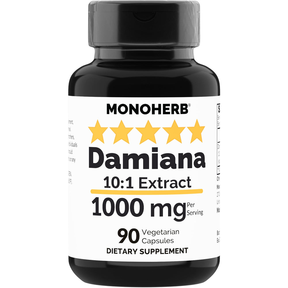 Bottle of MONOHERB Damiana Extract 1000 mg - 90 Vegetarian Capsules (front)