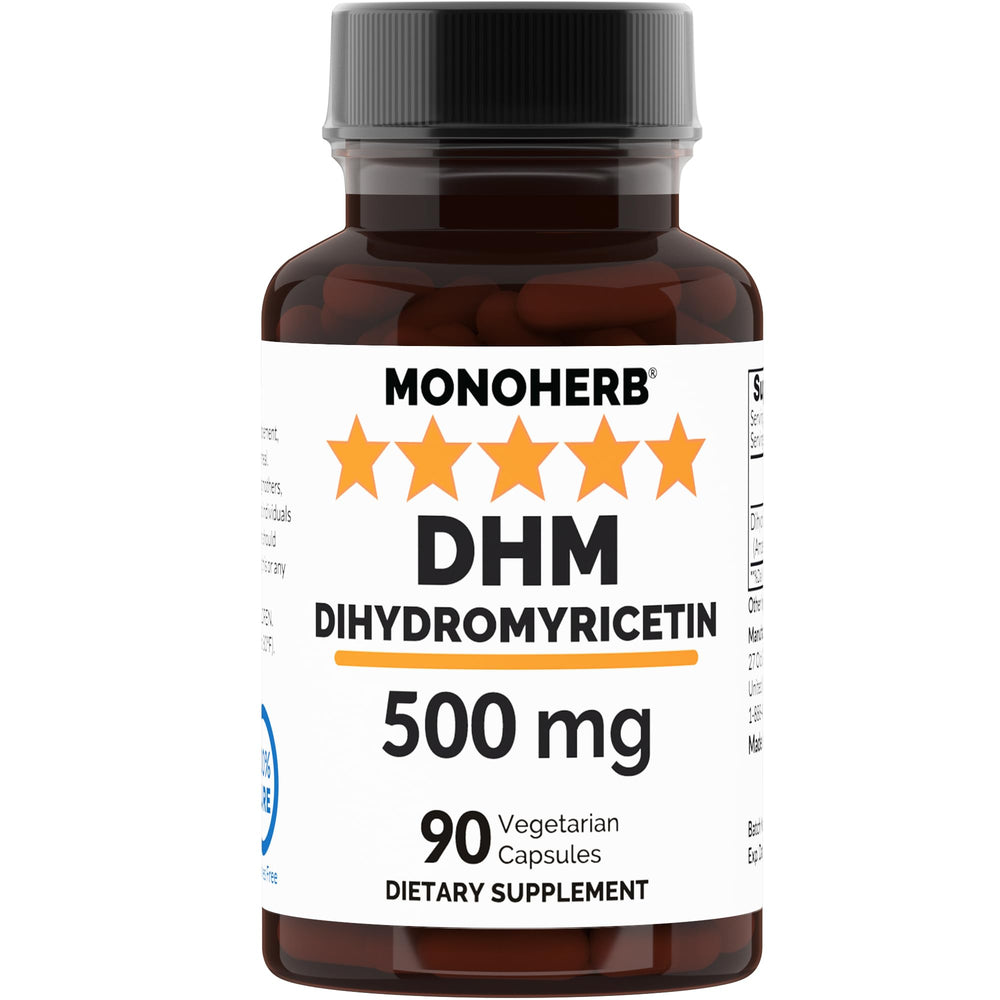 Bottle of MONOHERB Dihydromyricetin 500 mg DHM supplement with 90 vegan capsules