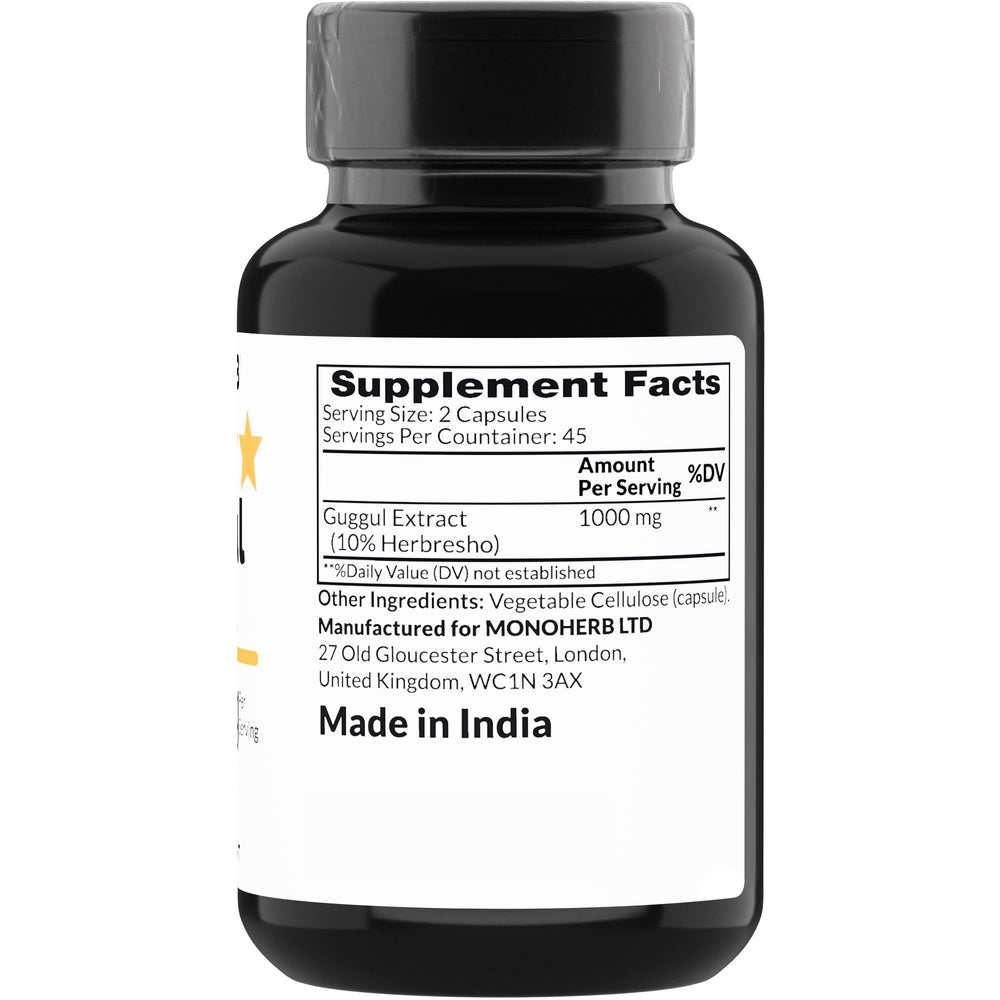 MONOHERB Guggul Extract capsules close-up, easy-to-swallow vegan capsules for everyday wellness