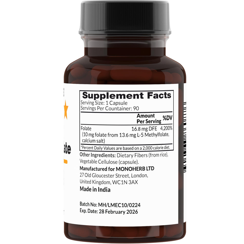 Nutritional label for MONOHERB L-Methylfolate 10 mg