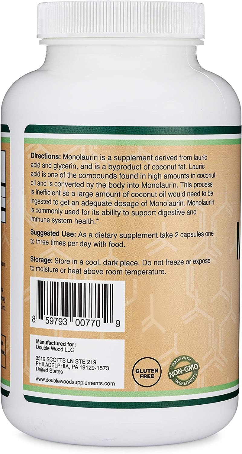 Close-up of monolaurin capsules showing coconut-derived origin