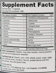 Close-up of All-Basic 677 mg 200 Capsules label with amino acids