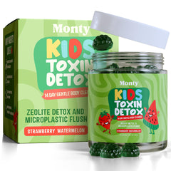 Monty Supplements Zeolite Detox for Kids packaging with dosing information for gentle detox support