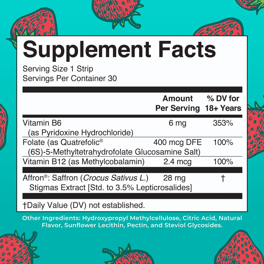 Close-up of strawberry-flavored mood and cognition dissolving strips
