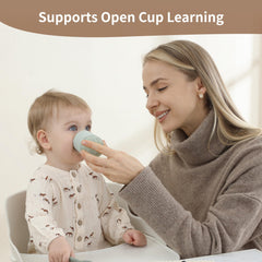 Soft-spout sippy cup designed to ease transition from bottle to cup