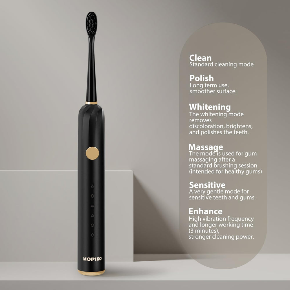 Diagram showing the six cleaning modes of MOPIKO toothbrush