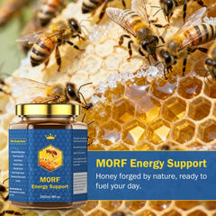 MORF Energy Support Honey in a glass jar on the counter