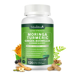 Bottle of Moringa Capsules Organic 1000mg with Turmeric, Ginger and Elderberry label