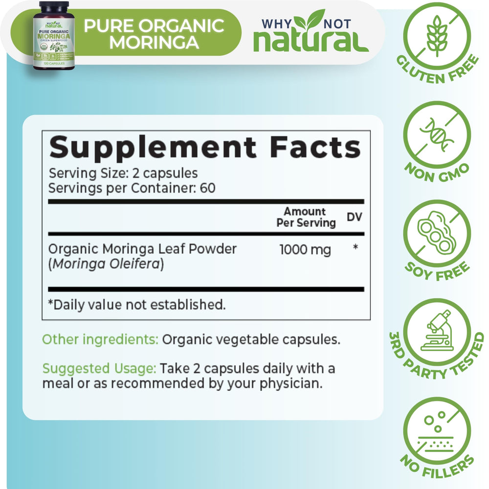 Green moringa capsules in a bottle