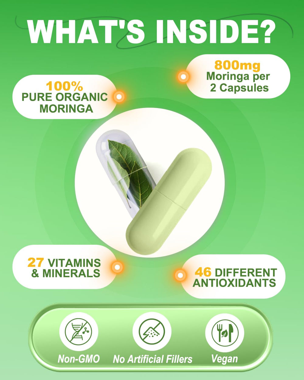 Close-up of moringa leaf powder inside vegan capsules