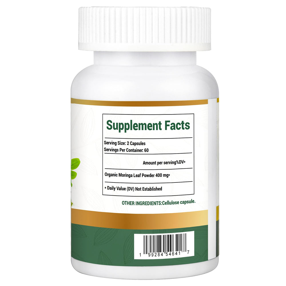 Close-up of Moringa capsules showing 800mg per serving