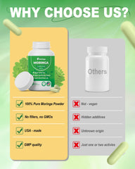 Moringa Capsules bottle label emphasizing 800mg per capsule