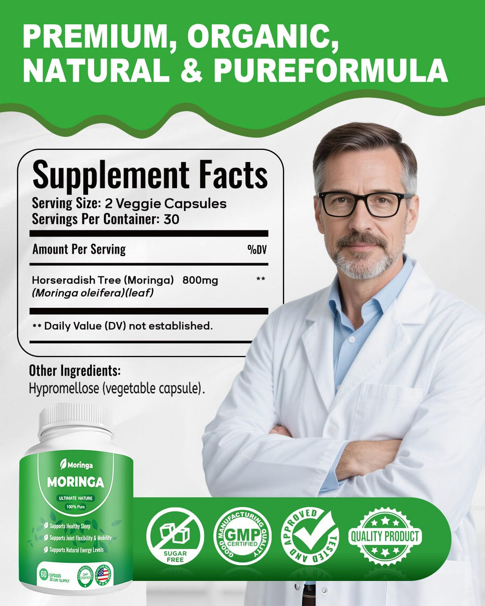 Green antioxidant wellness concept with moringa capsules