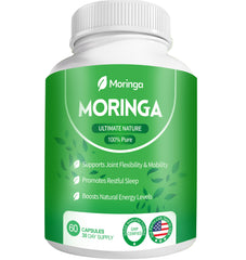Bottle of moringa capsules showing 800mg per capsule