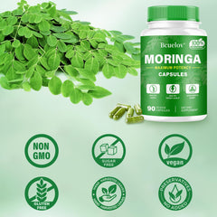 Close-up of Moringa Capsules packaging and capsules