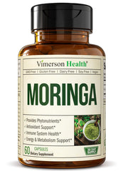 Bottle of Moringa Capsules with label on white background