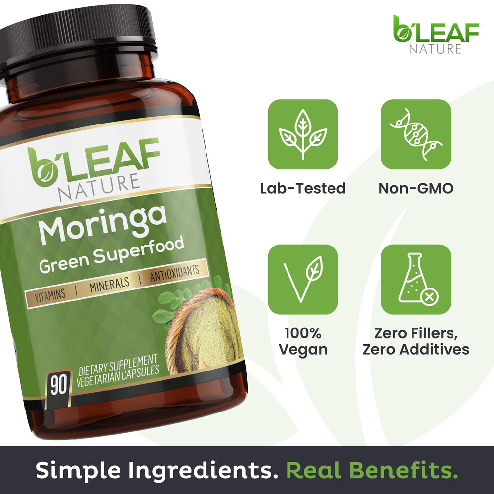 Close-up of moringa capsules showing 500mg per capsule