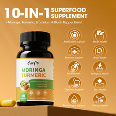 Graphic illustration of Moringa, Turmeric Curcumin, Bromelain and Black Pepper ingredients