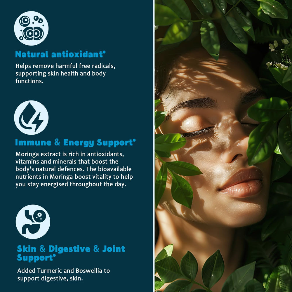 Close-up of the Moringa drops bottle label showing 1 fl oz