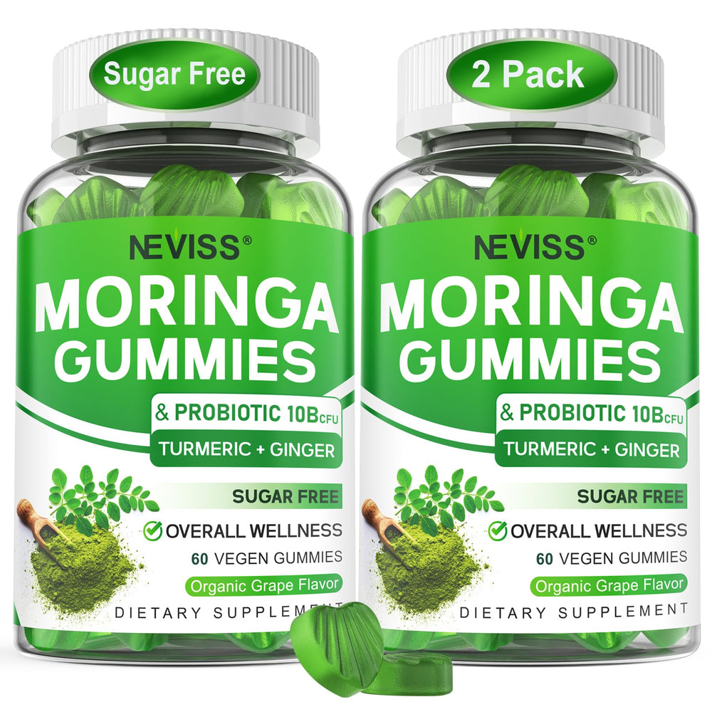 Front packaging showing Moringa Gummies with probiotic and spices