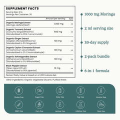Ingredients panel showing turmeric, ginger, cinnamon, ashwagandha and black pepper
