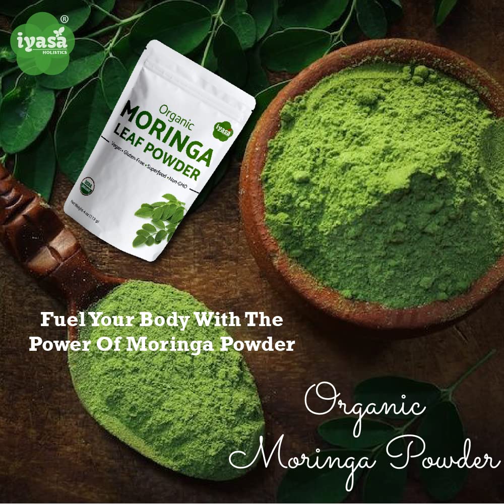 Close-up texture of fine green Moringa leaf powder