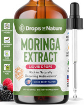 Moringa Liquid Drops bottle with mixed berry flavor label