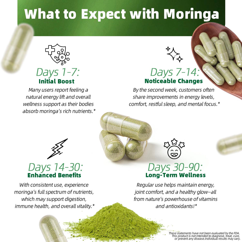 Close-up of Moringa Oleifera leaf powder capsules