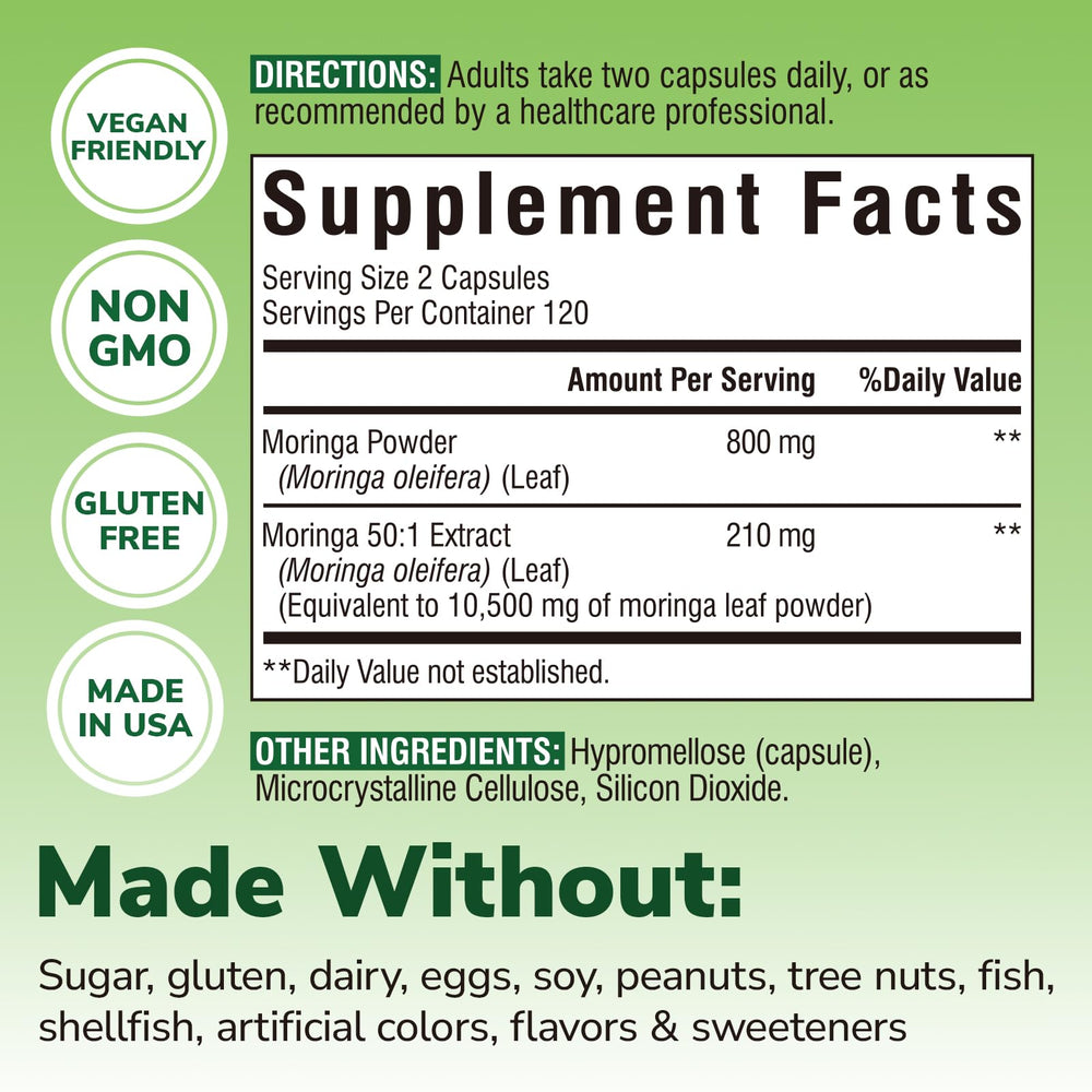 Moringa powder and 50:1 extract per serving