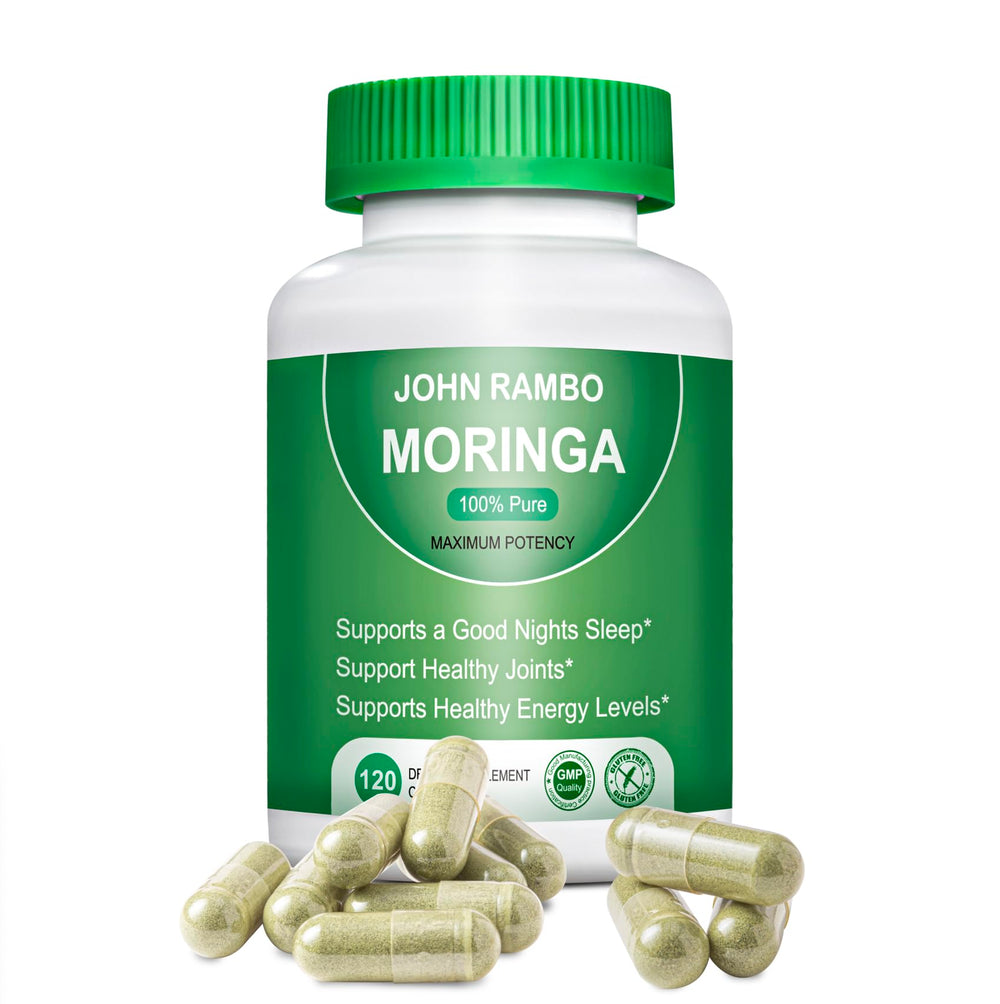 Front view of Moringa Powder Capsules bottle showing 1200mg potency