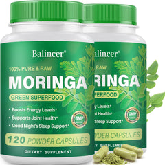 Bottle of Moringa Powder Capsules on white background