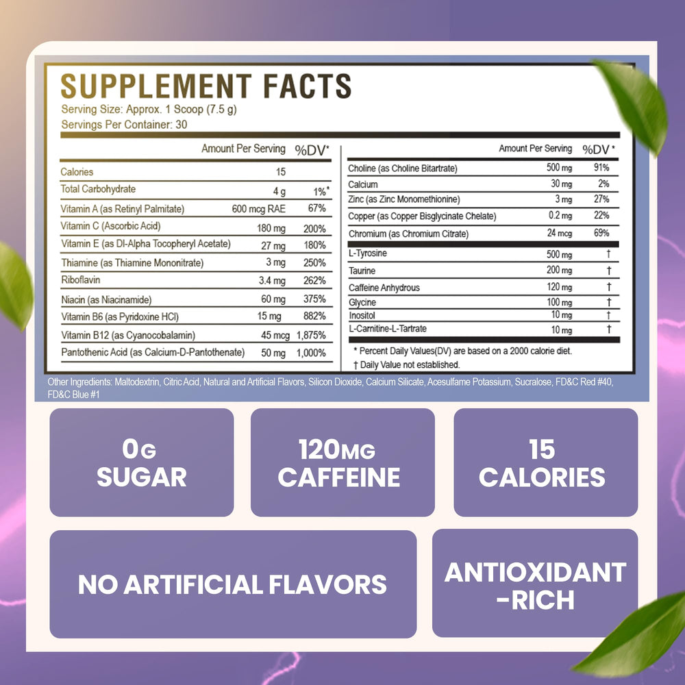 Morning Buzz Energy Powder orange-flavor tub closeup suggests citrusy pick-me-up