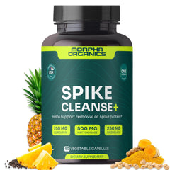 Morpha Organics Spike Protein Detox Cleanse bottle promoting daily wellness with a natural enzyme blend.