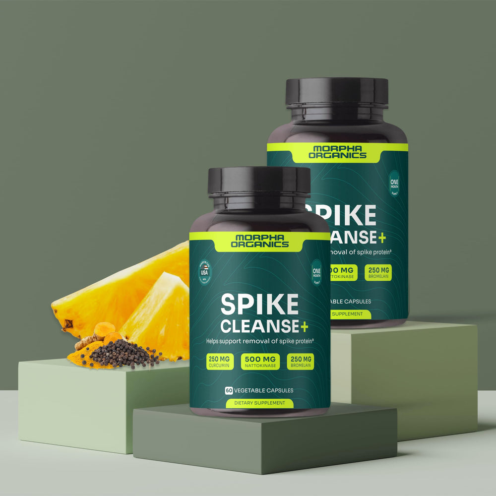 Morpha Organics Spike Protein Detox vegan-non-gmo badge signals inclusive, plant-based wellness.