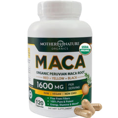 Mother Nature Organic Maca Root Capsules bottle with 120 vegan capsules