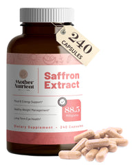 Bottle of Mother Nutrient saffron extract, 240 vegan capsules