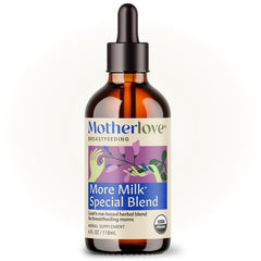 Front view of Motherlove More Milk Special Blend tincture bottle with dropper