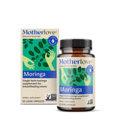 Front view of Motherlove Moringa lactation supplement bottle with 60 liquid capsules