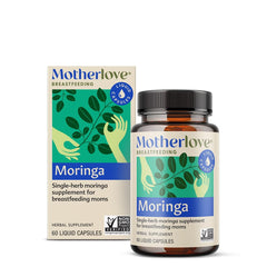 Front view of Motherlove Moringa lactation supplement bottle with 60 liquid capsules