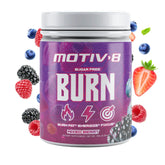 Motiv-8 Pre-Workout tub label with mixed berries flavor and sugar-free energy boost.