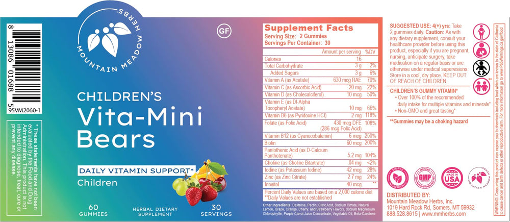 Vita-Mini Bears product label and Mountain Meadow Herbs branding