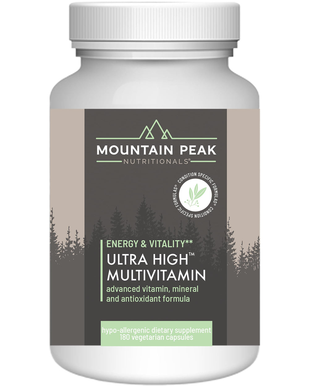 Bottle of Mountain Peak Nutritionals Ultra High Multivitamin for Men and Women, 180 vegetarian capsules
