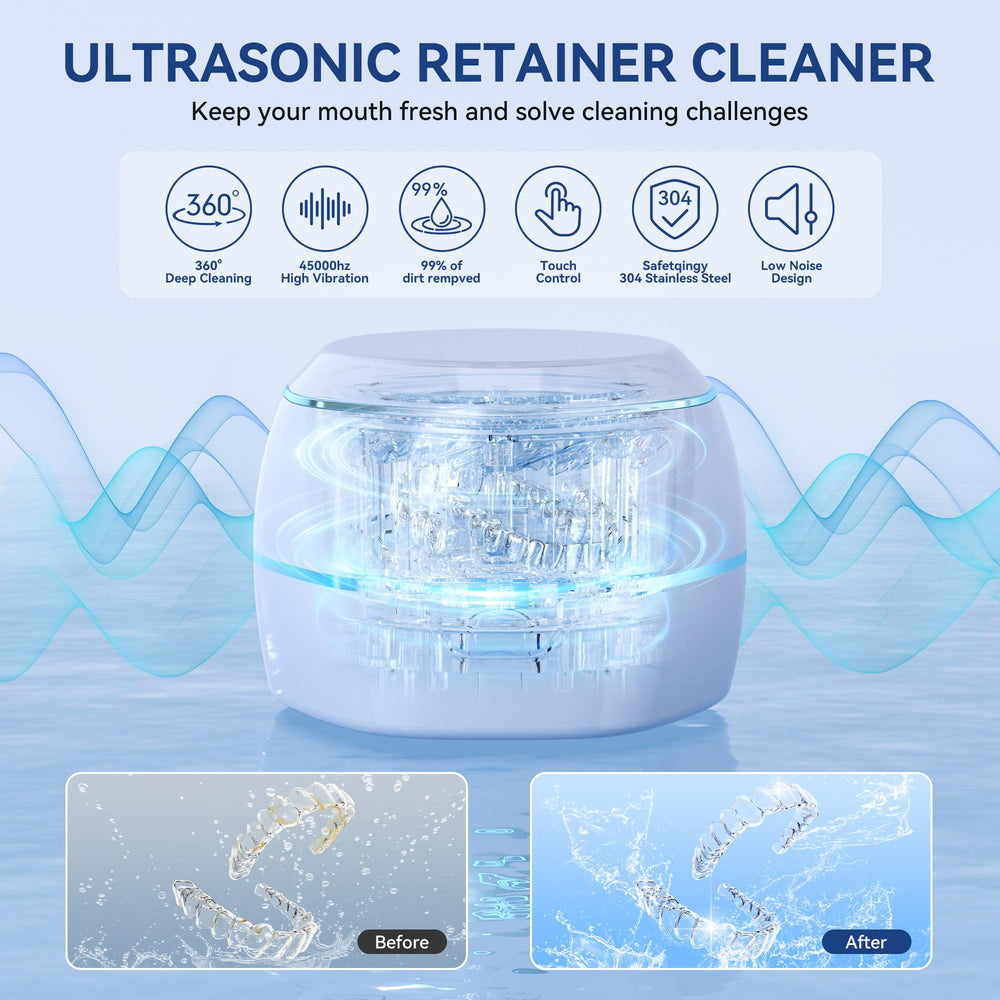 Mouth guard and dentures placed in the cleaning basket for ultrasonic cleaning