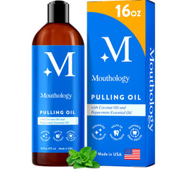 Mouthology coconut oil pulling bottle 16oz front view