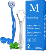 Mouthology Tongue Brush and Scraper combo pack with ergonomic handle and protective cap.