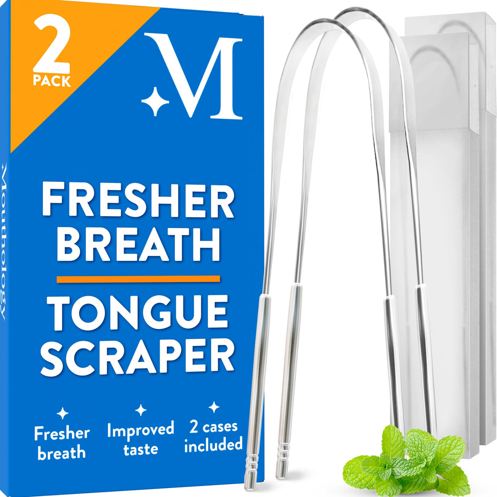 Mouthology Tongue Scraper (2 Pack) with travel case – front view